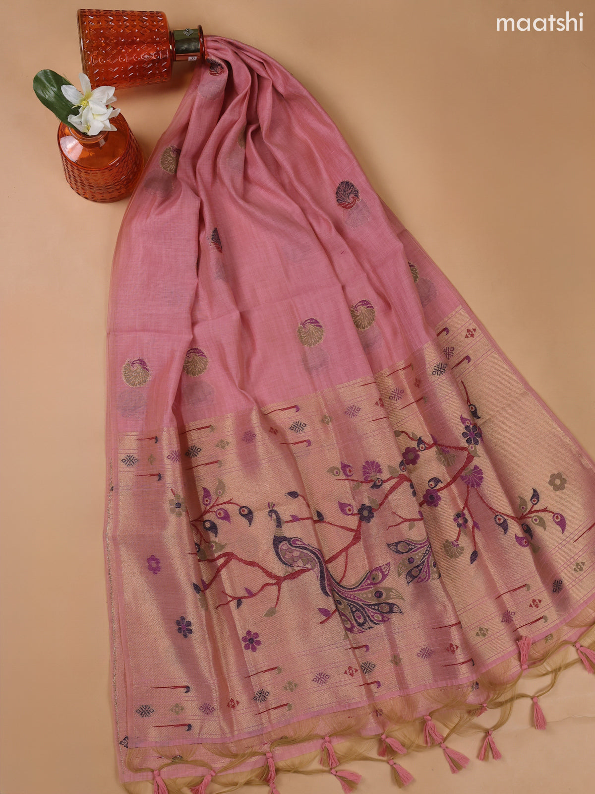 Lotus Pink Munga Cotton Dress Material With Paithani Style