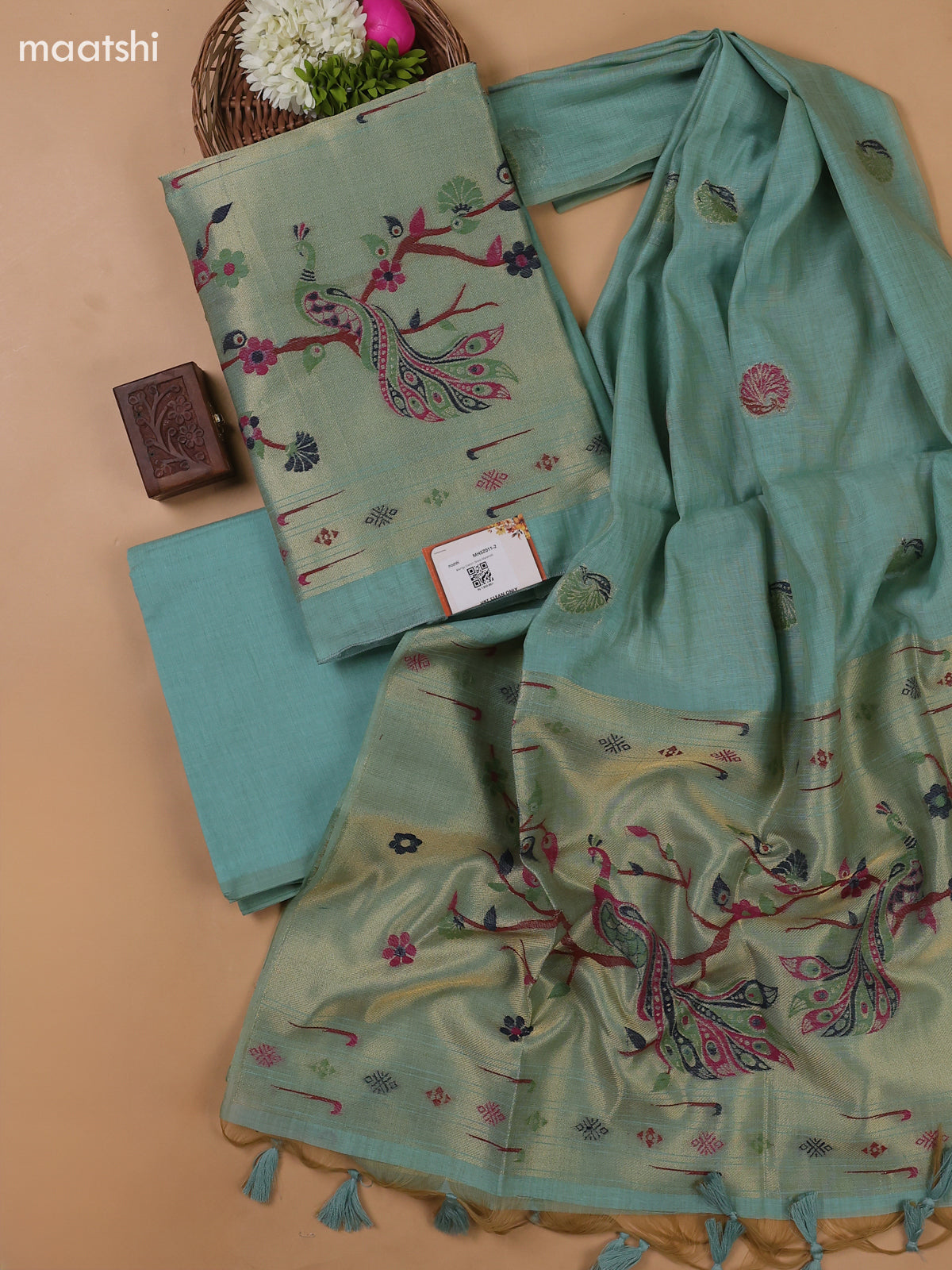 Teal Blue Munga Cotton Dress Material With Paithani Style