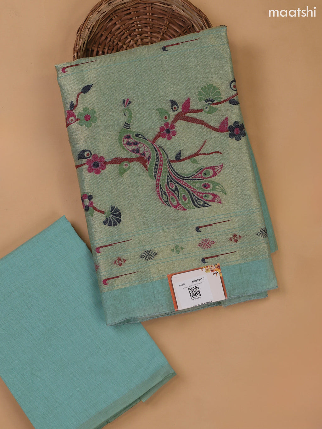 Teal Blue Munga Cotton Dress Material With Paithani Style