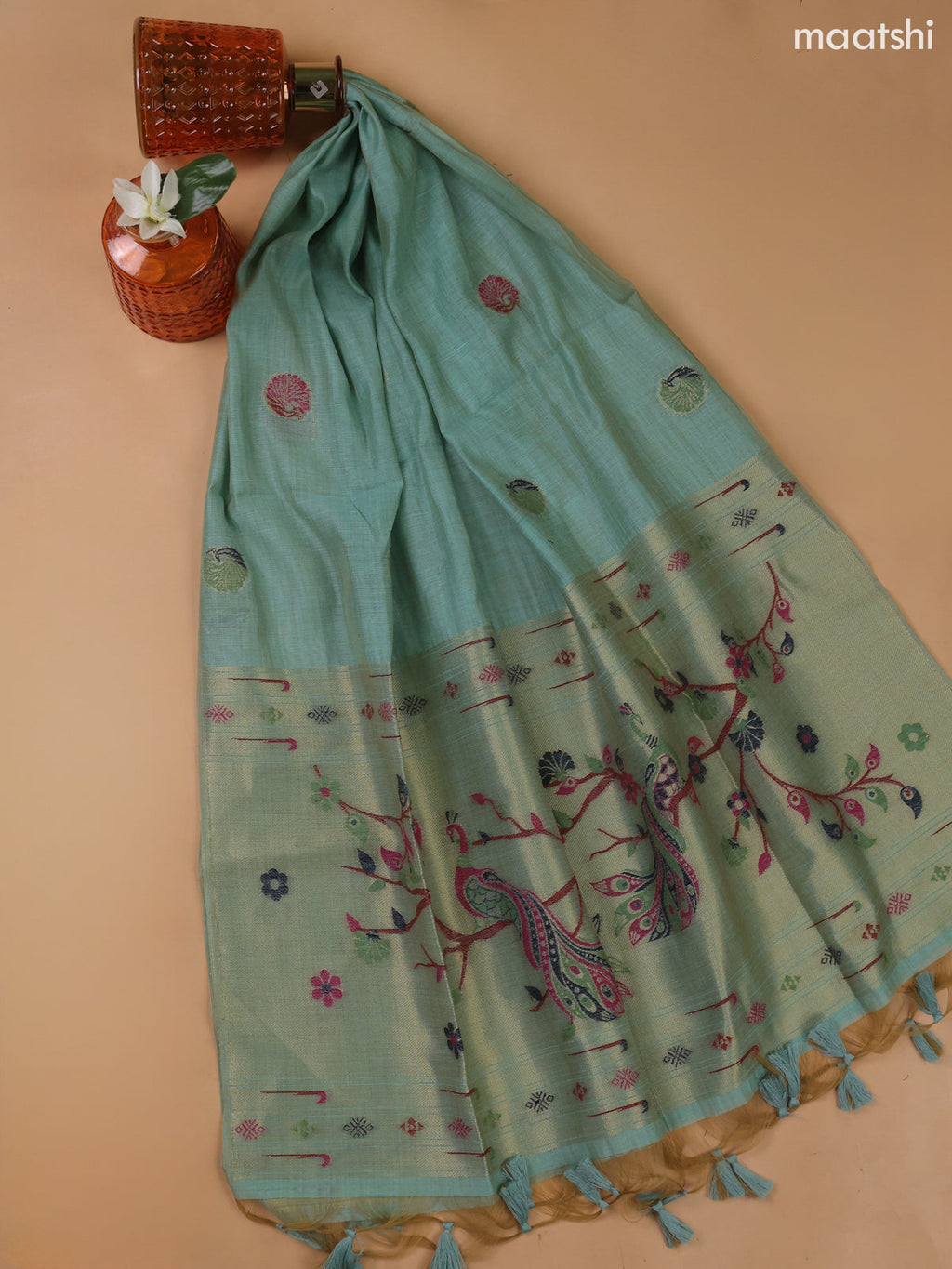 Teal Blue Munga Cotton Dress Material With Paithani Style
