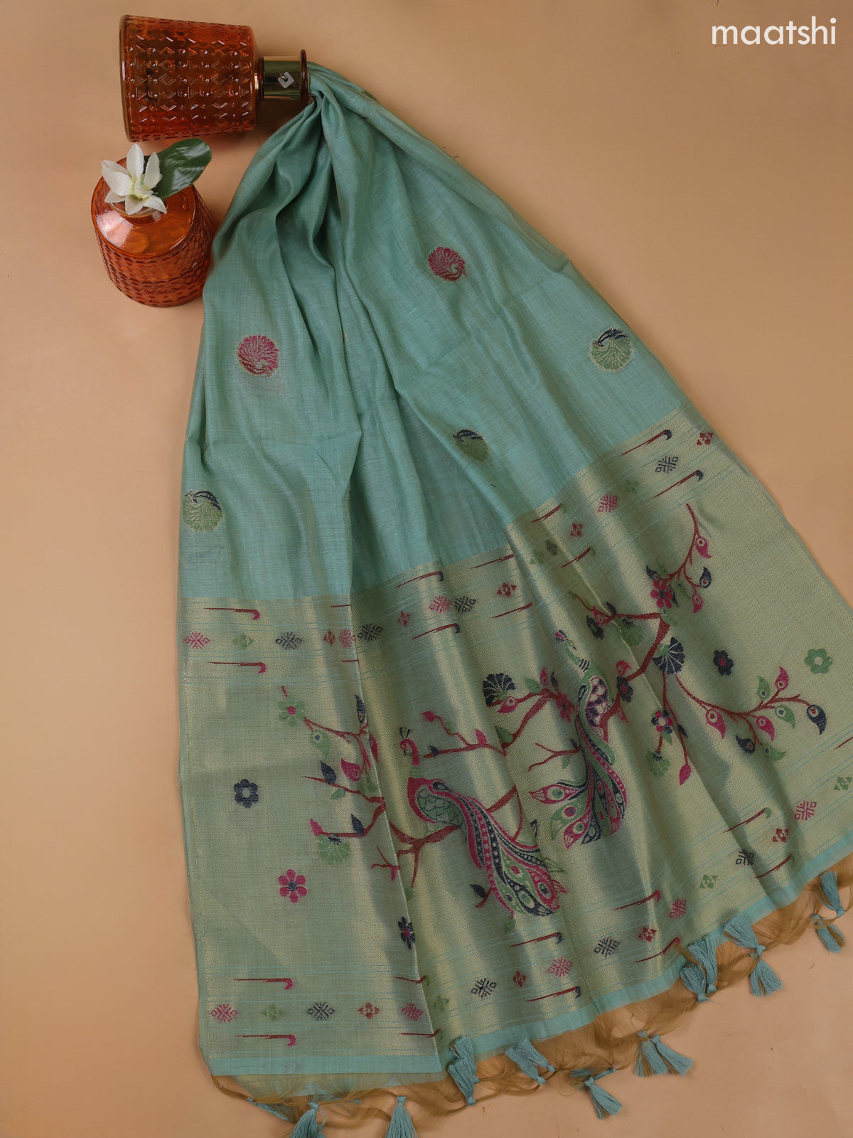 Teal Blue Munga Cotton Dress Material With Paithani Style