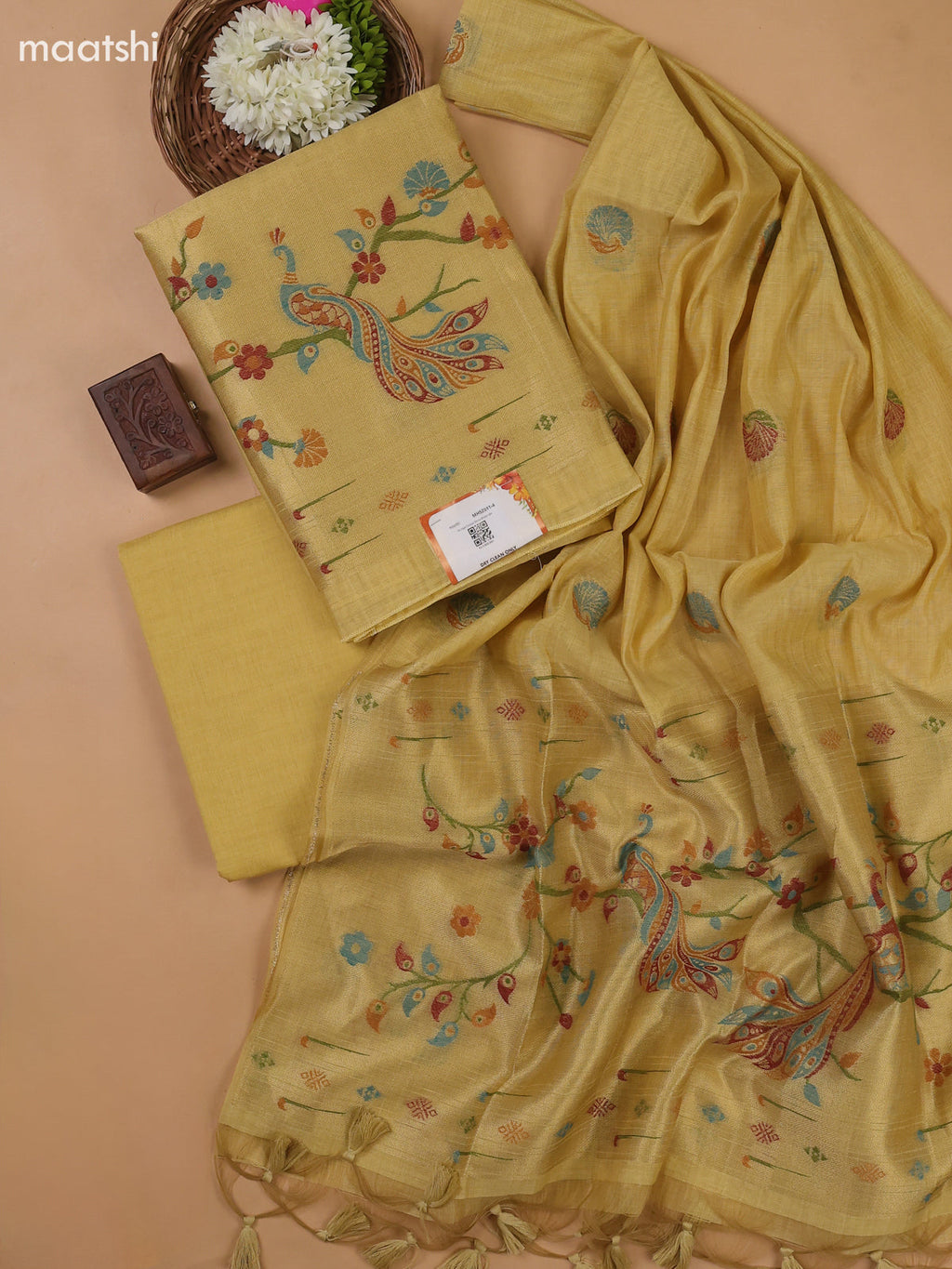 Pale Yellow Munga Cotton Dress Material With Paithani Style