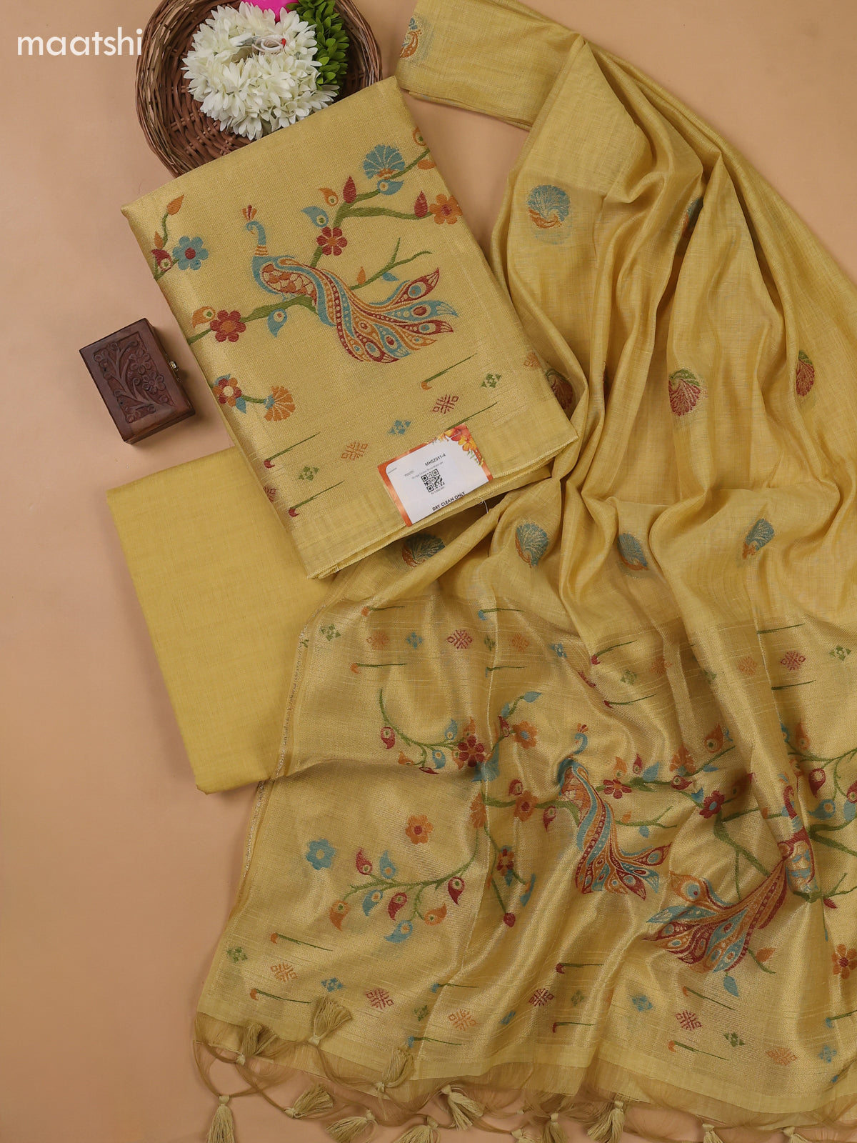 Pale Yellow Munga Cotton Dress Material With Paithani Style