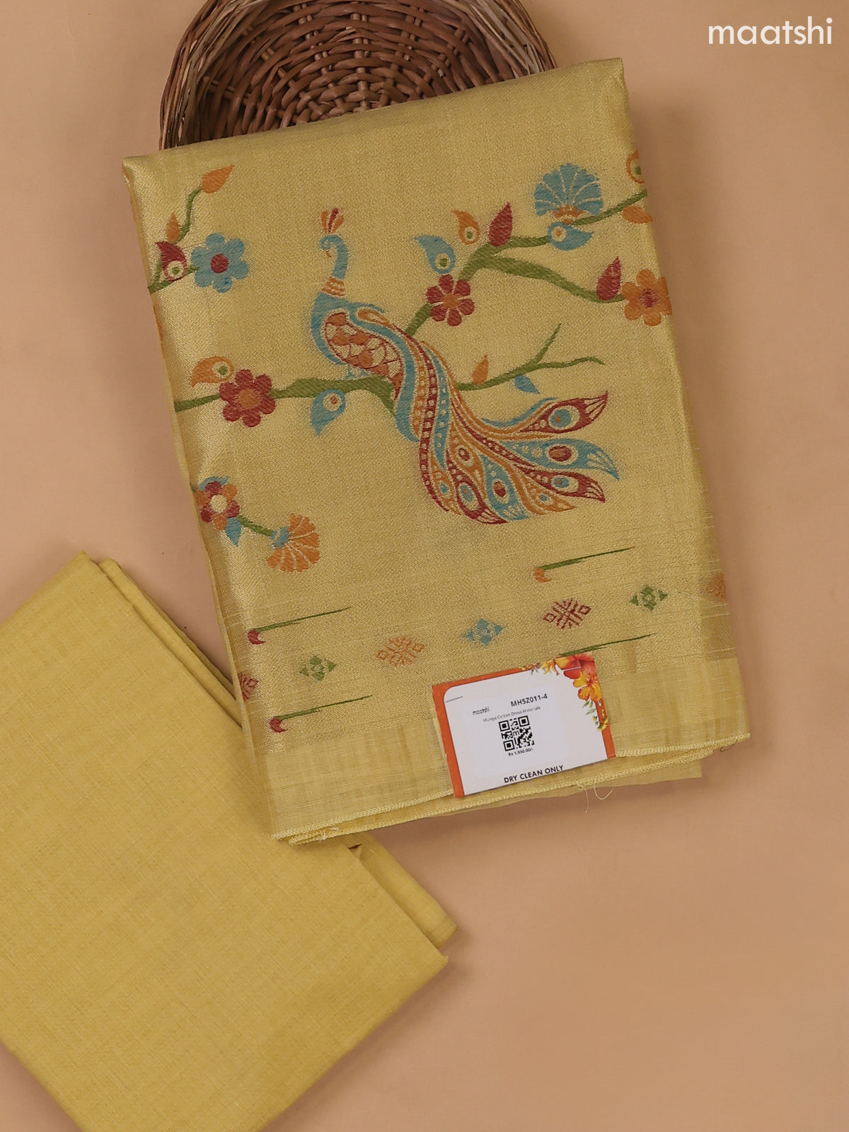 Pale Yellow Munga Cotton Dress Material With Paithani Style