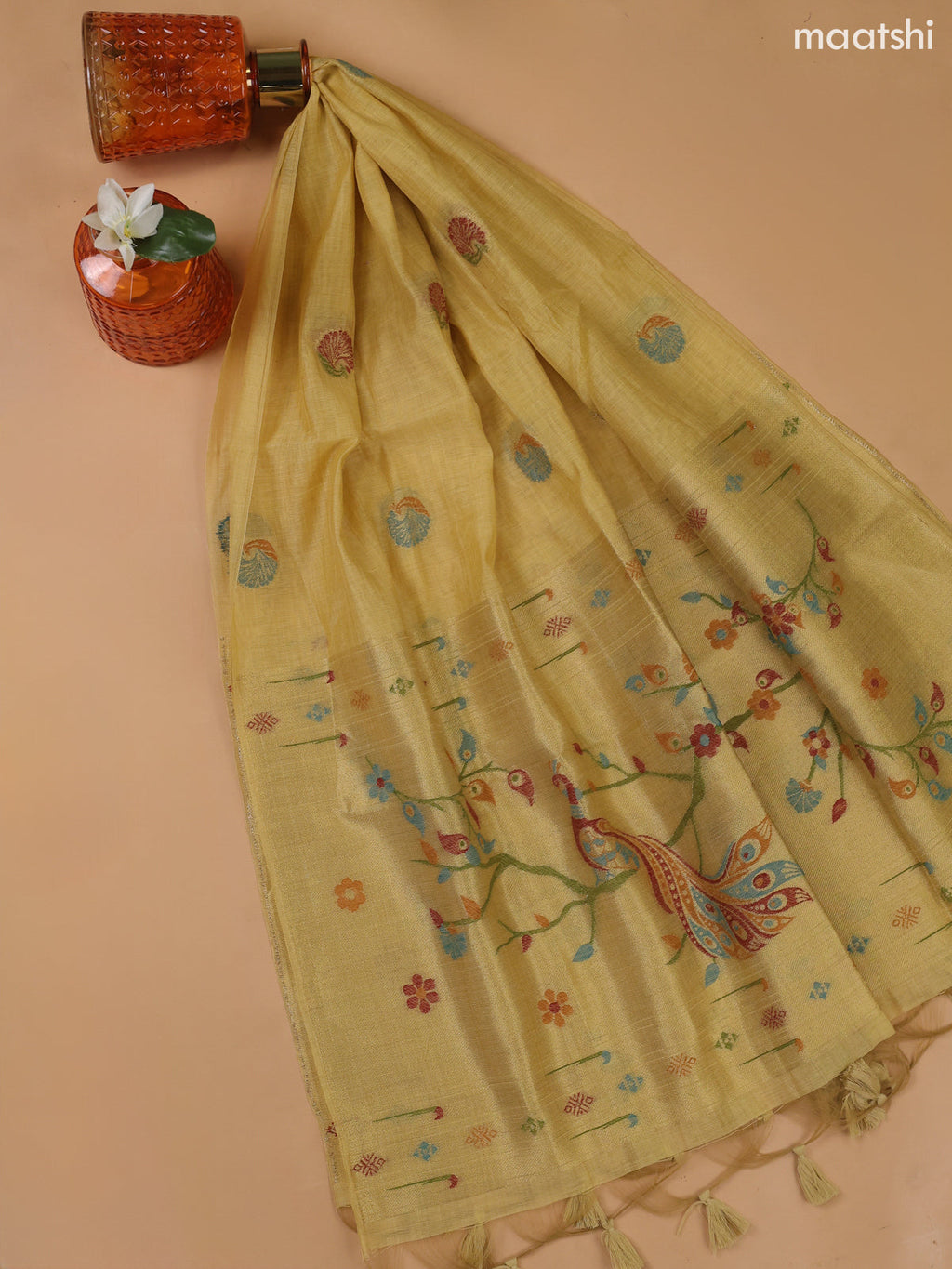 Pale Yellow Munga Cotton Dress Material With Paithani Style