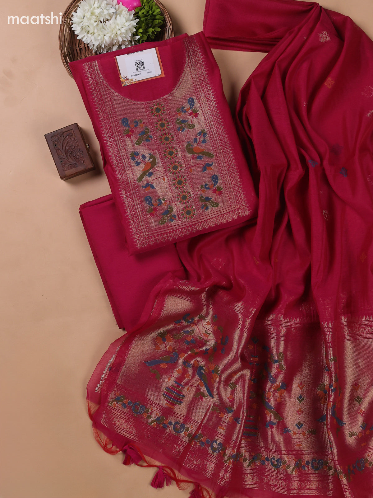 Magenta Pink Munga Cotton Dress Material With Paithani Style Neck Pattern