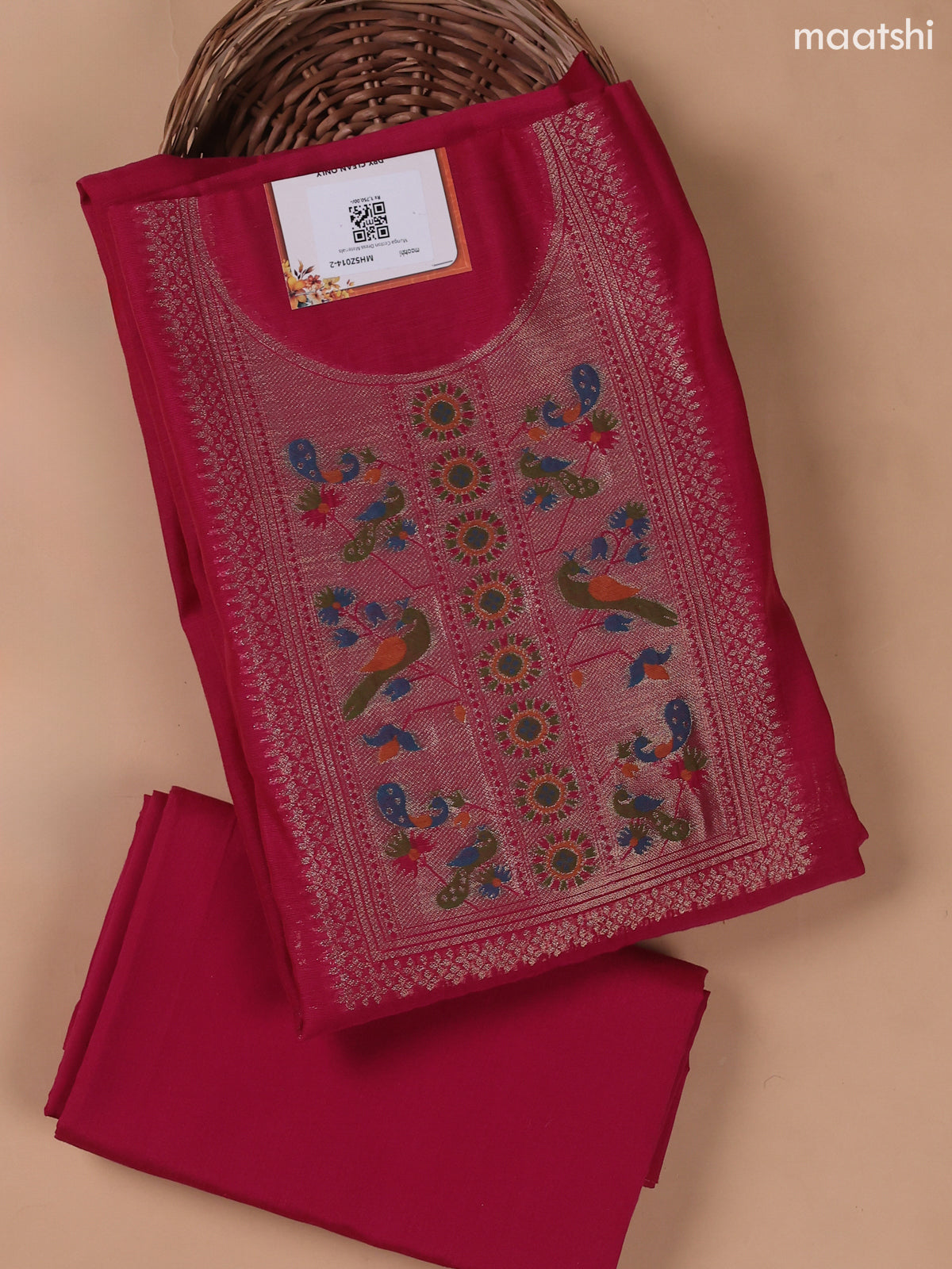 Magenta Pink Munga Cotton Dress Material With Paithani Style Neck Pattern