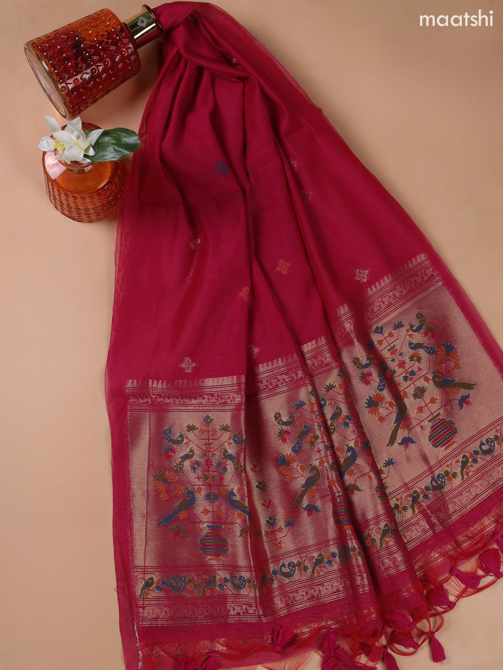 Magenta Pink Munga Cotton Dress Material With Paithani Style Neck Pattern