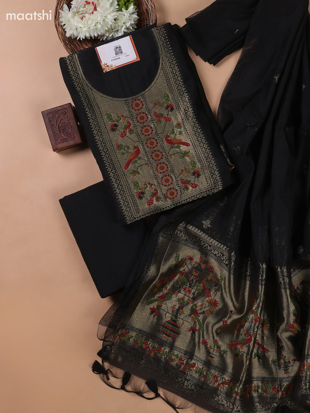 Black Munga Cotton Dress Material With Paithani Style Neck Pattern