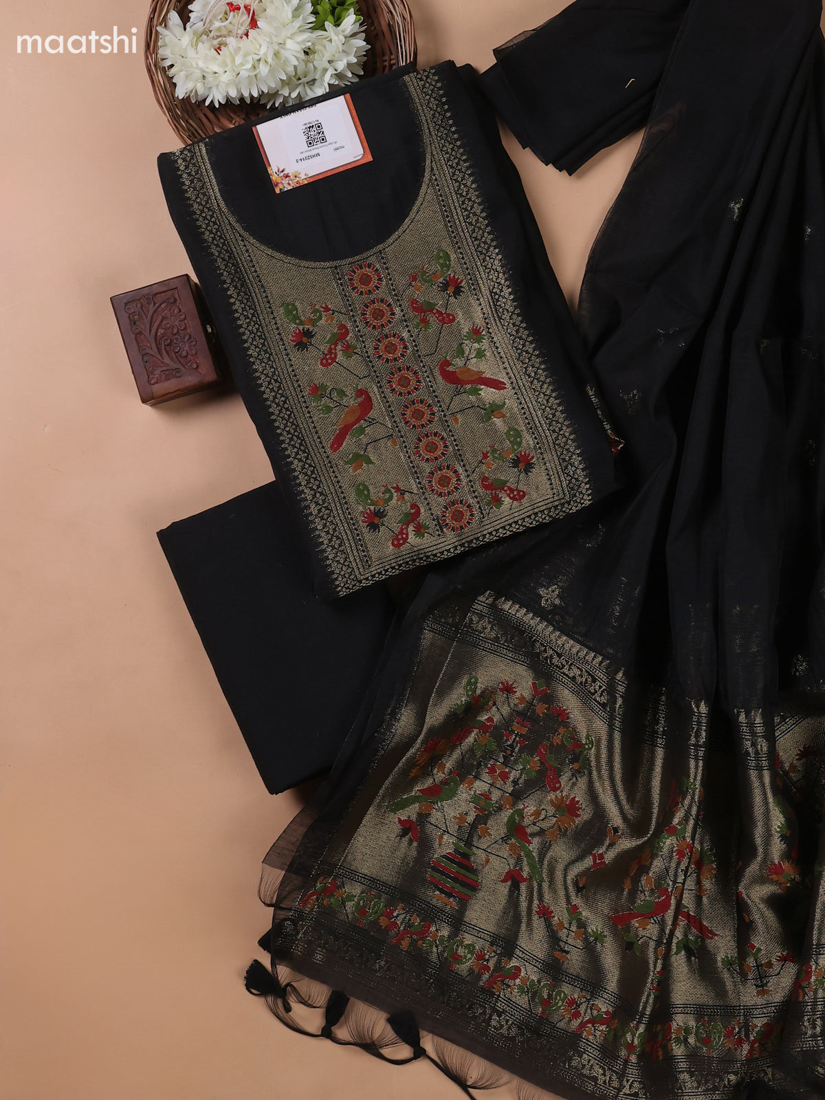 Black Munga Cotton Dress Material With Paithani Style Neck Pattern