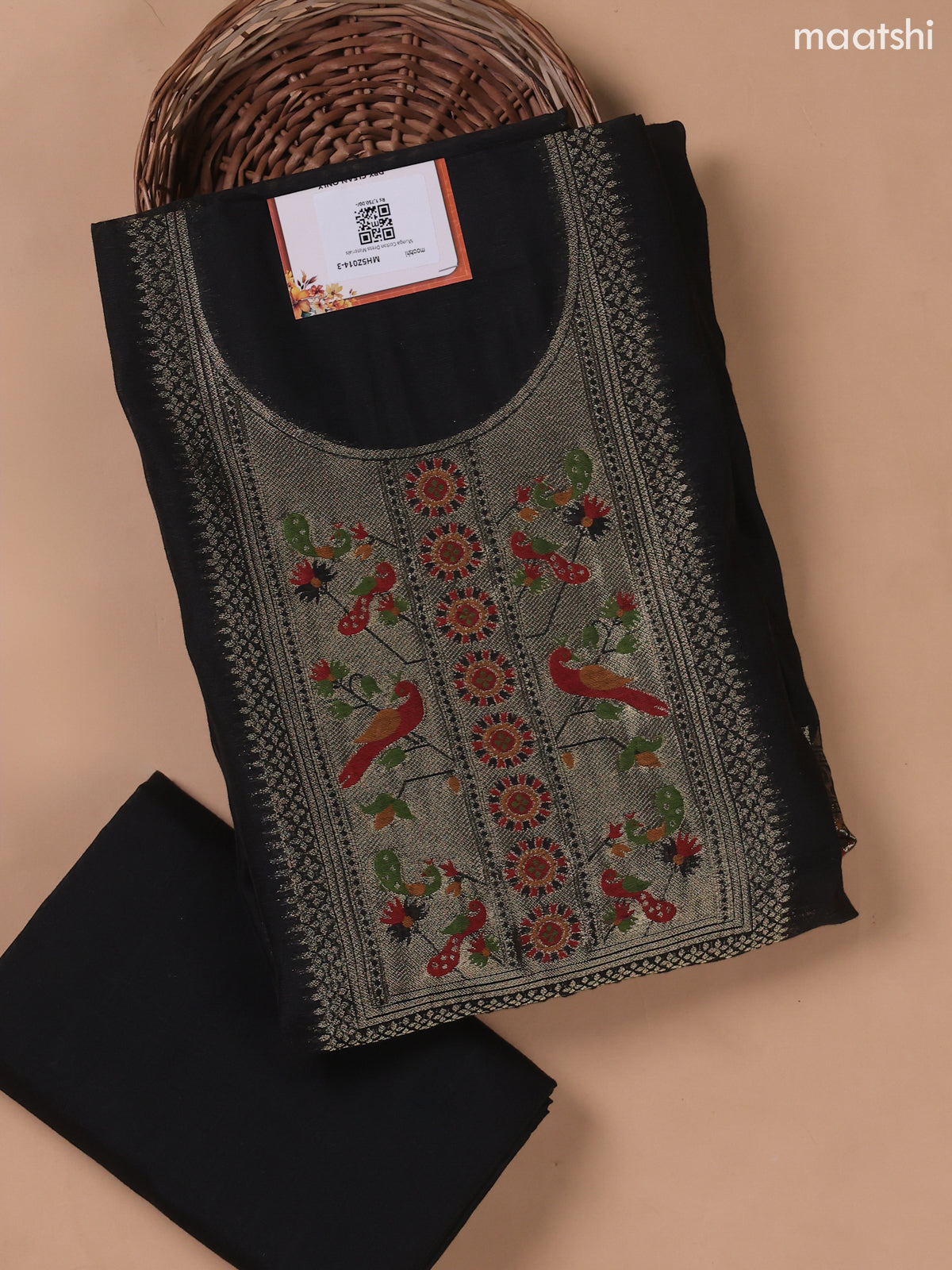 Black Munga Cotton Dress Material With Paithani Style Neck Pattern