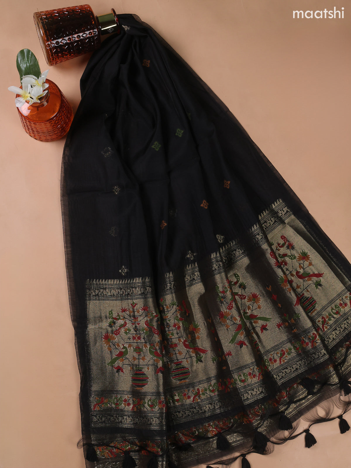 Black Munga Cotton Dress Material With Paithani Style Neck Pattern