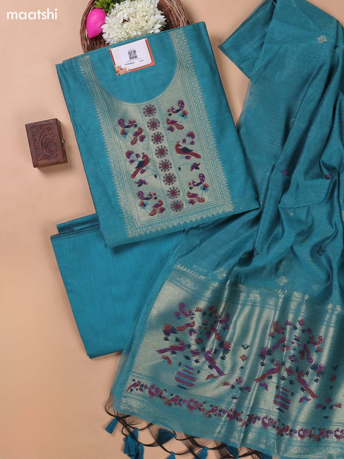 Peacock Blue Munga Cotton Dress Material With Paithani Style Neck Pattern