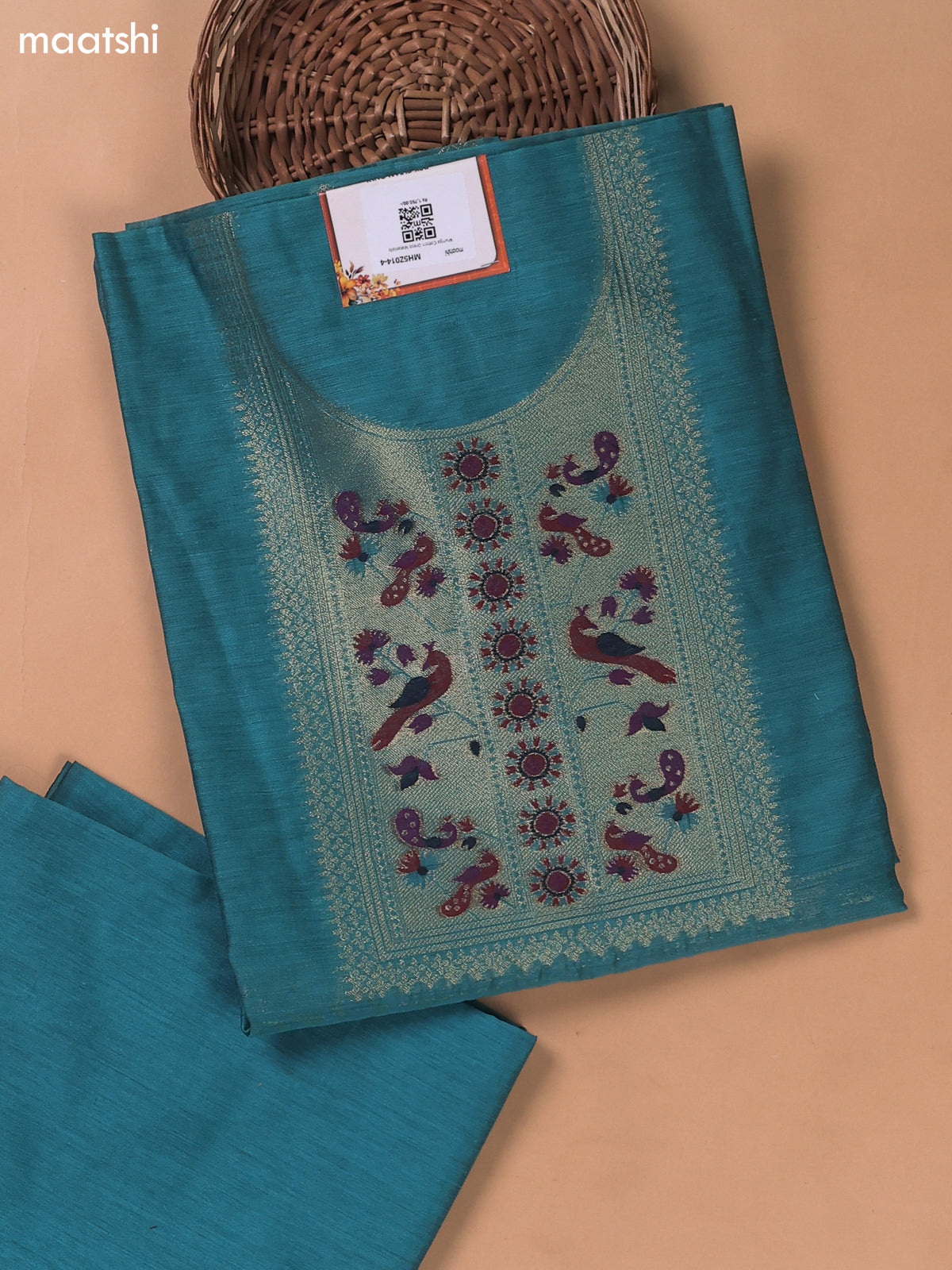 Peacock Blue Munga Cotton Dress Material With Paithani Style Neck Pattern