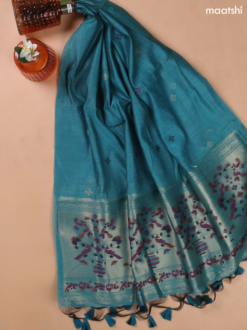Peacock Blue Munga Cotton Dress Material With Paithani Style Neck Pattern