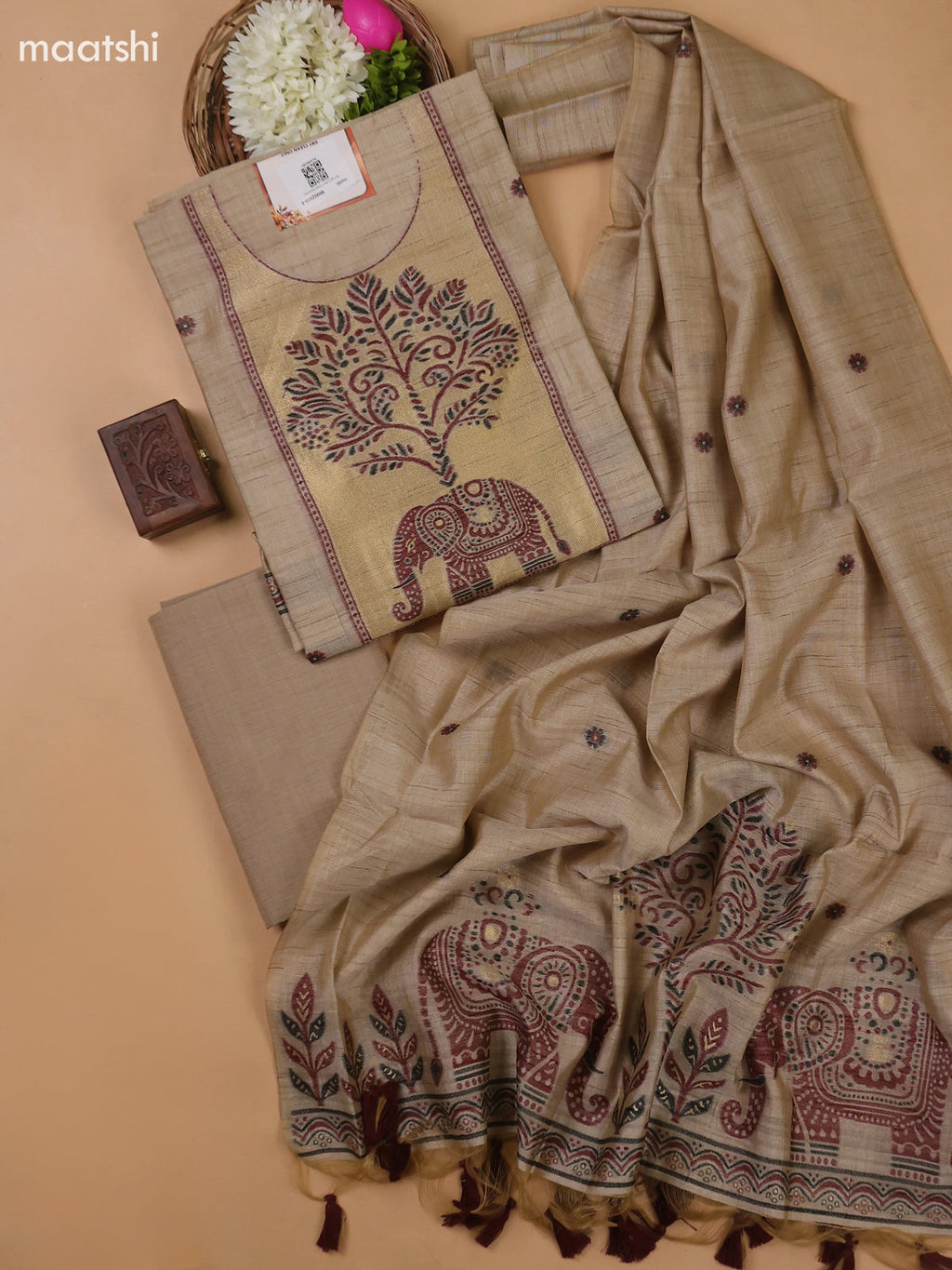 Beige Munga Cotton Dress Material With Thread and Zari Weaves Neck Pattern