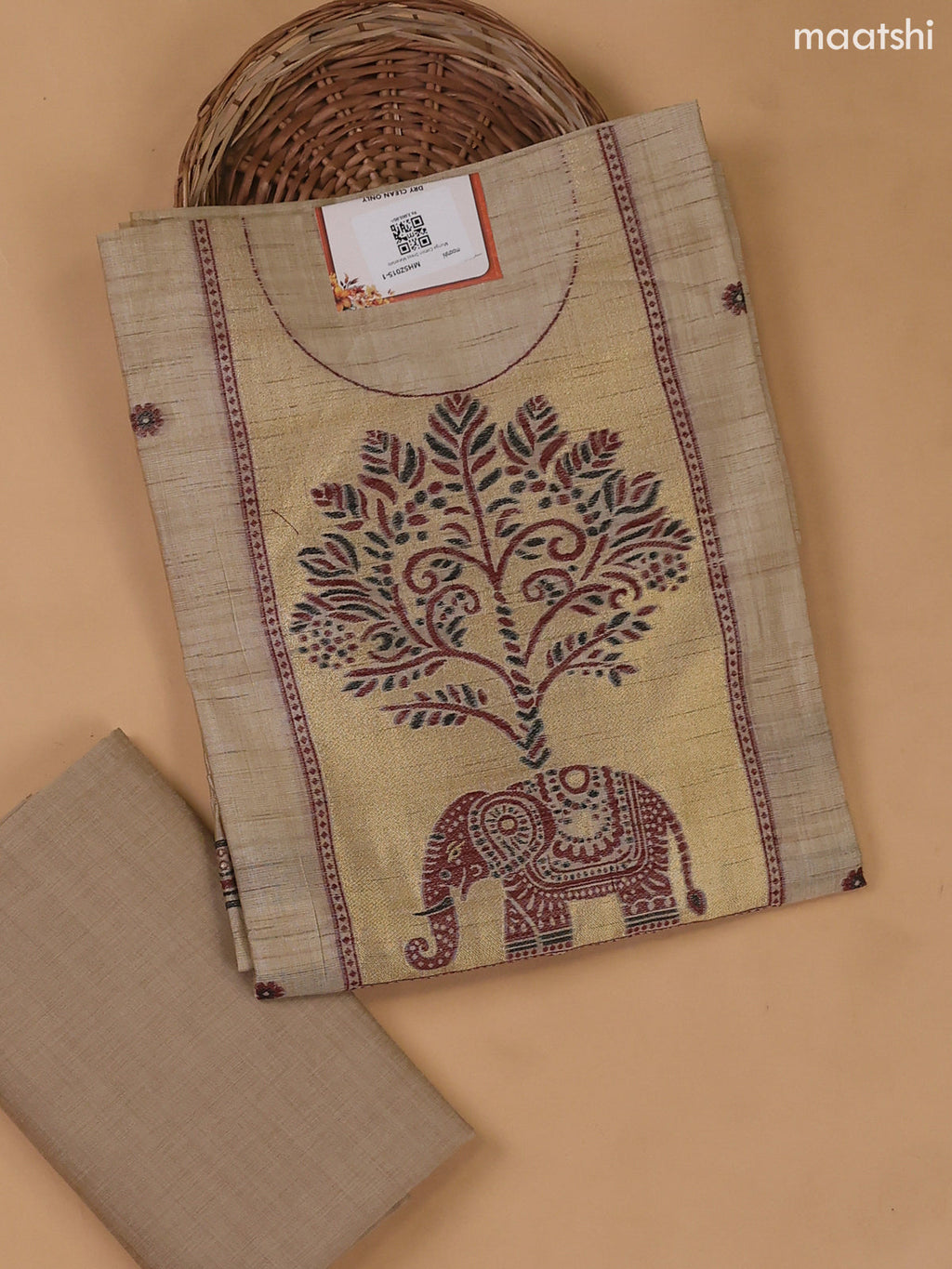 Beige Munga Cotton Dress Material With Thread and Zari Weaves Neck Pattern