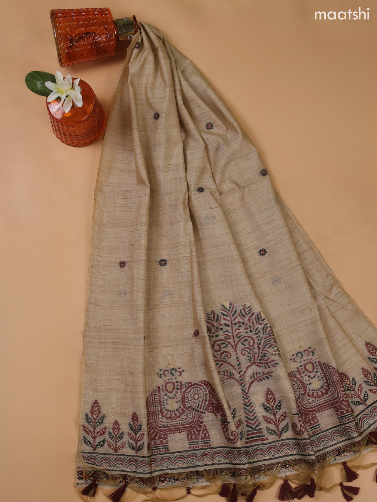 Beige Munga Cotton Dress Material With Thread and Zari Weaves Neck Pattern