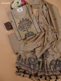 Beige Munga Cotton Dress Material With Thread and Zari Weaves Neck Pattern