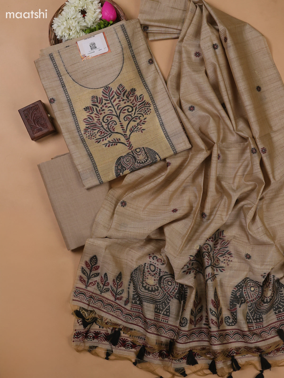 Beige Munga Cotton Dress Material With Thread and Zari Weaves Neck Pattern