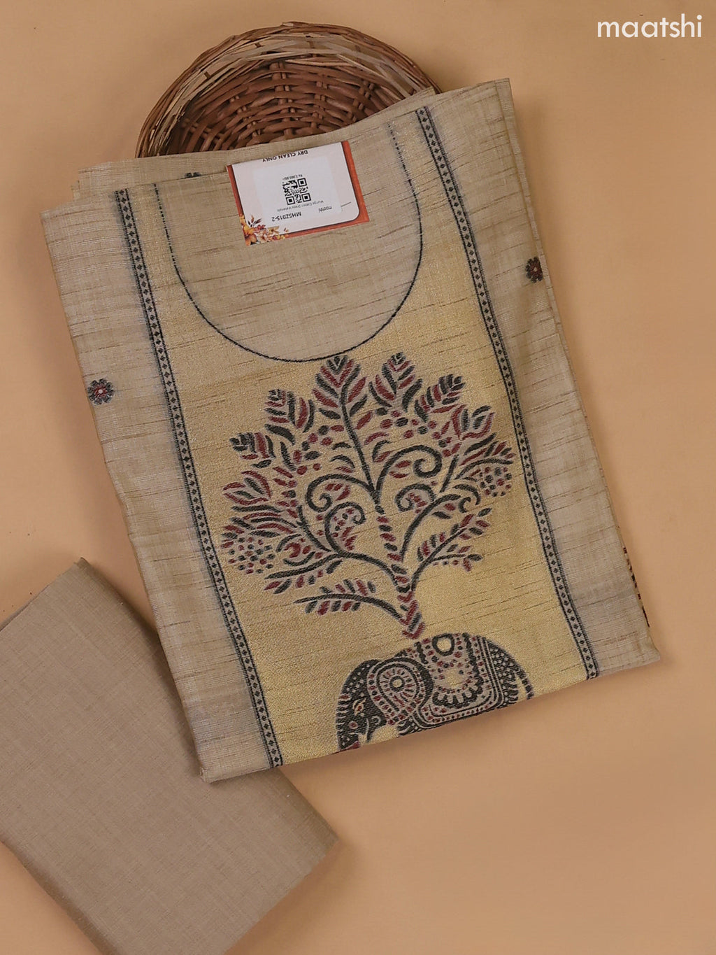 Beige Munga Cotton Dress Material With Thread and Zari Weaves Neck Pattern