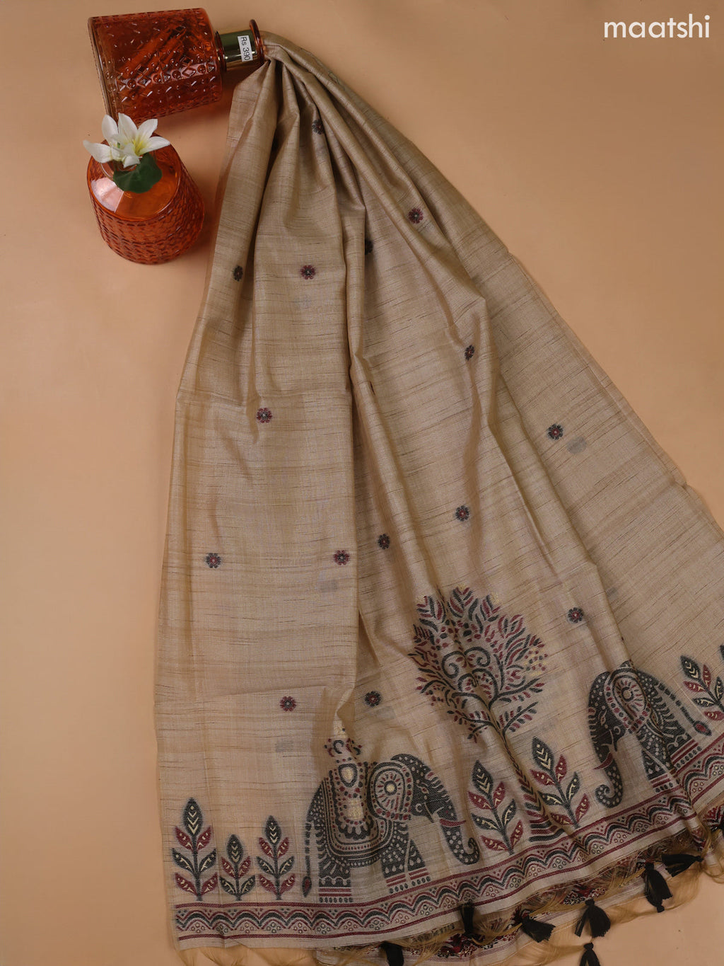 Beige Munga Cotton Dress Material With Thread and Zari Weaves Neck Pattern