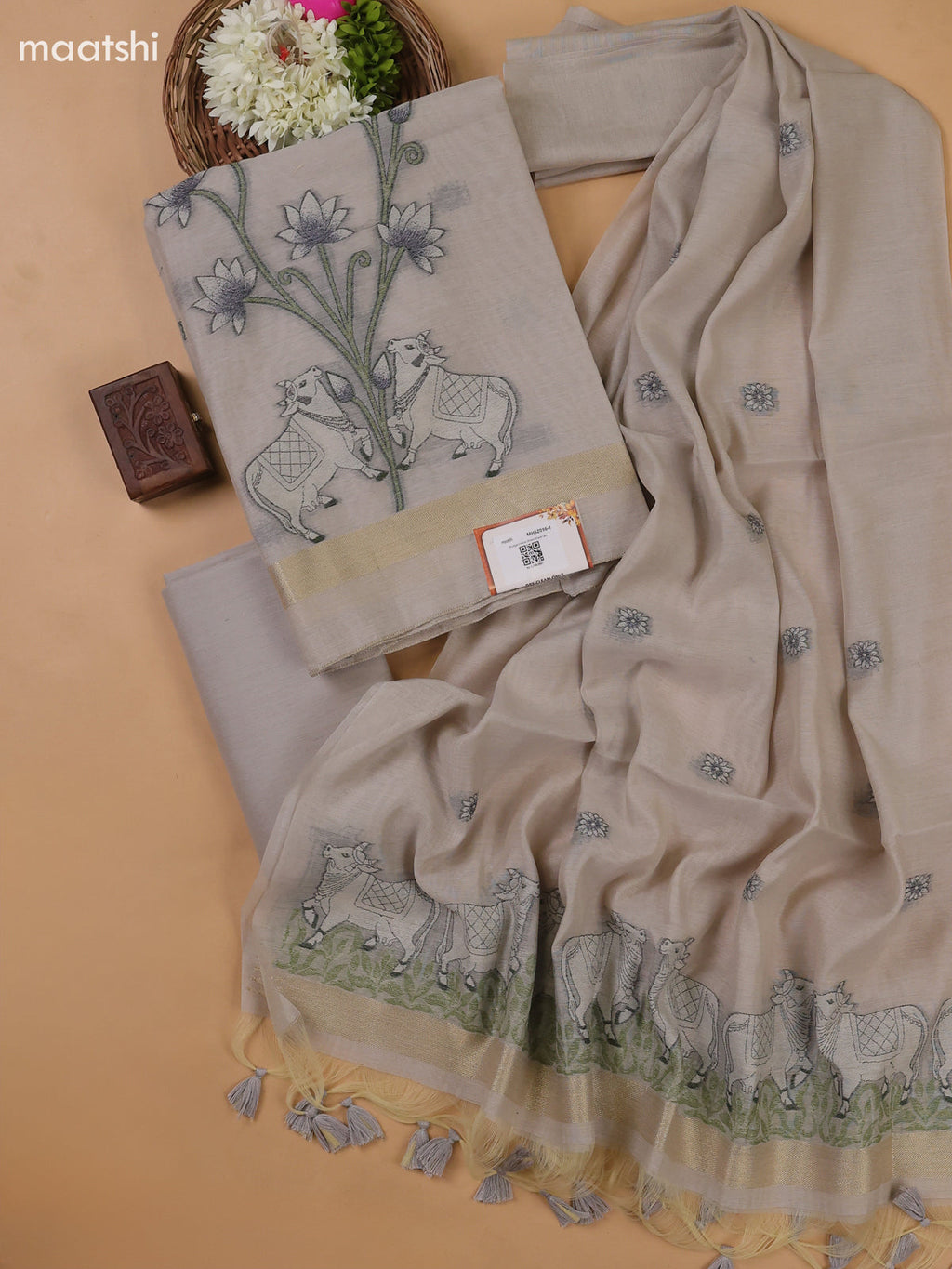 Grey Munga Cotton Dress Material With Threa Pichwai Weaves