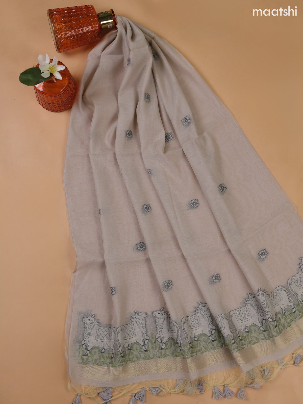 Grey Munga Cotton Dress Material With Threa Pichwai Weaves