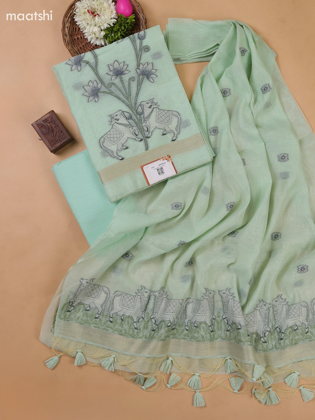 Teal Green Munga Cotton Dress Material With Threa Pichwai Weaves