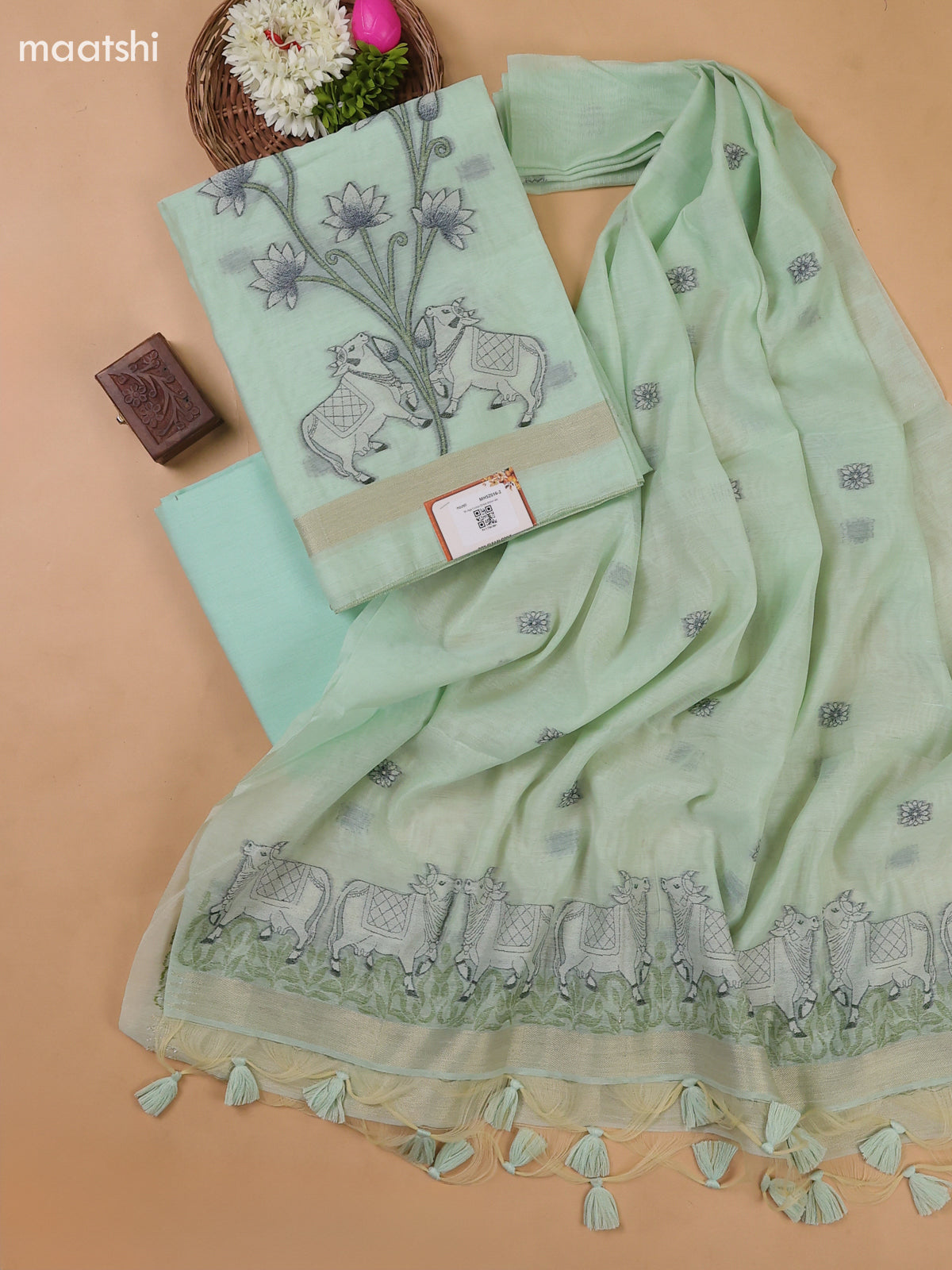 Teal Green Munga Cotton Dress Material With Threa Pichwai Weaves