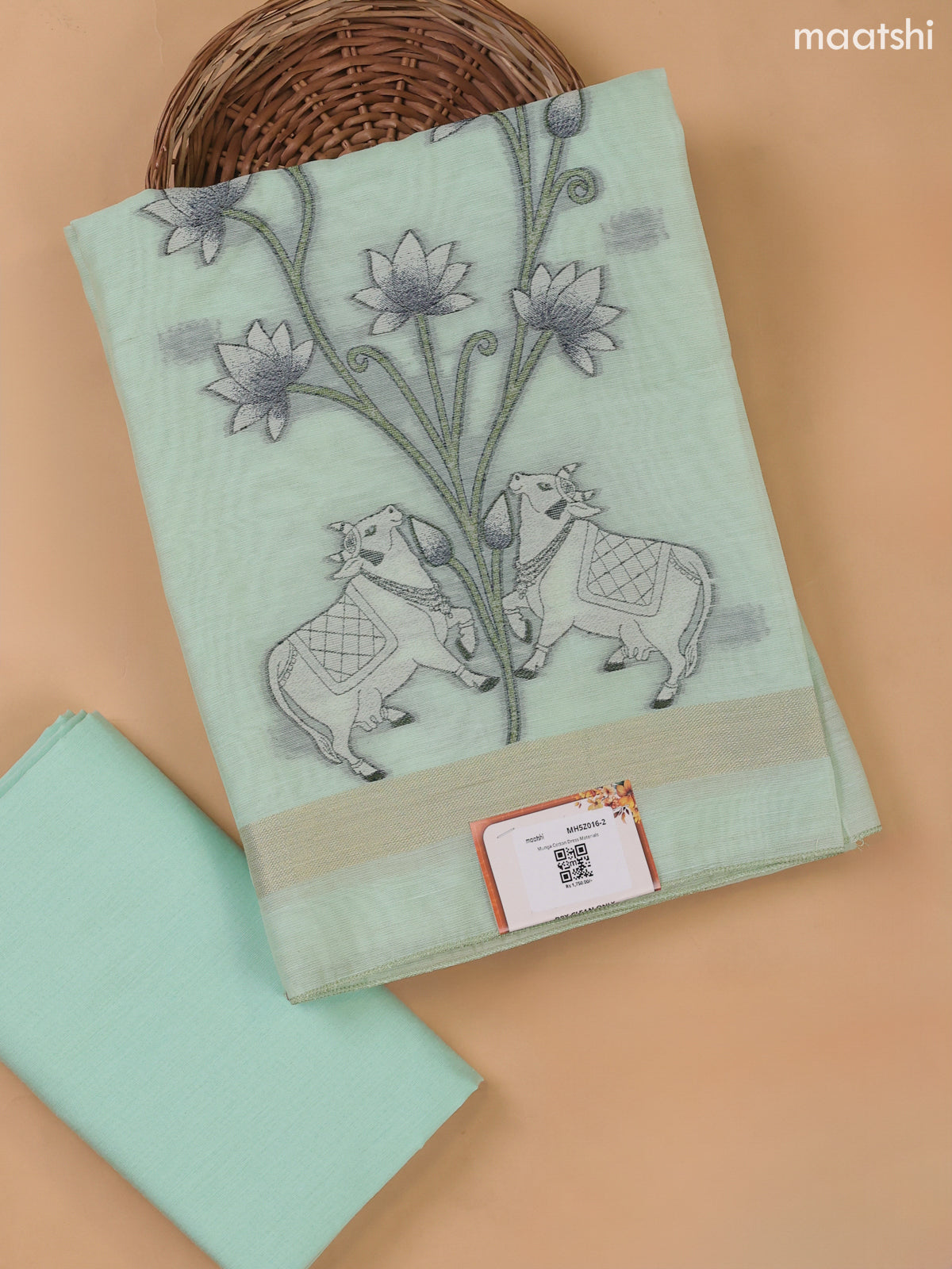 Teal Green Munga Cotton Dress Material With Threa Pichwai Weaves