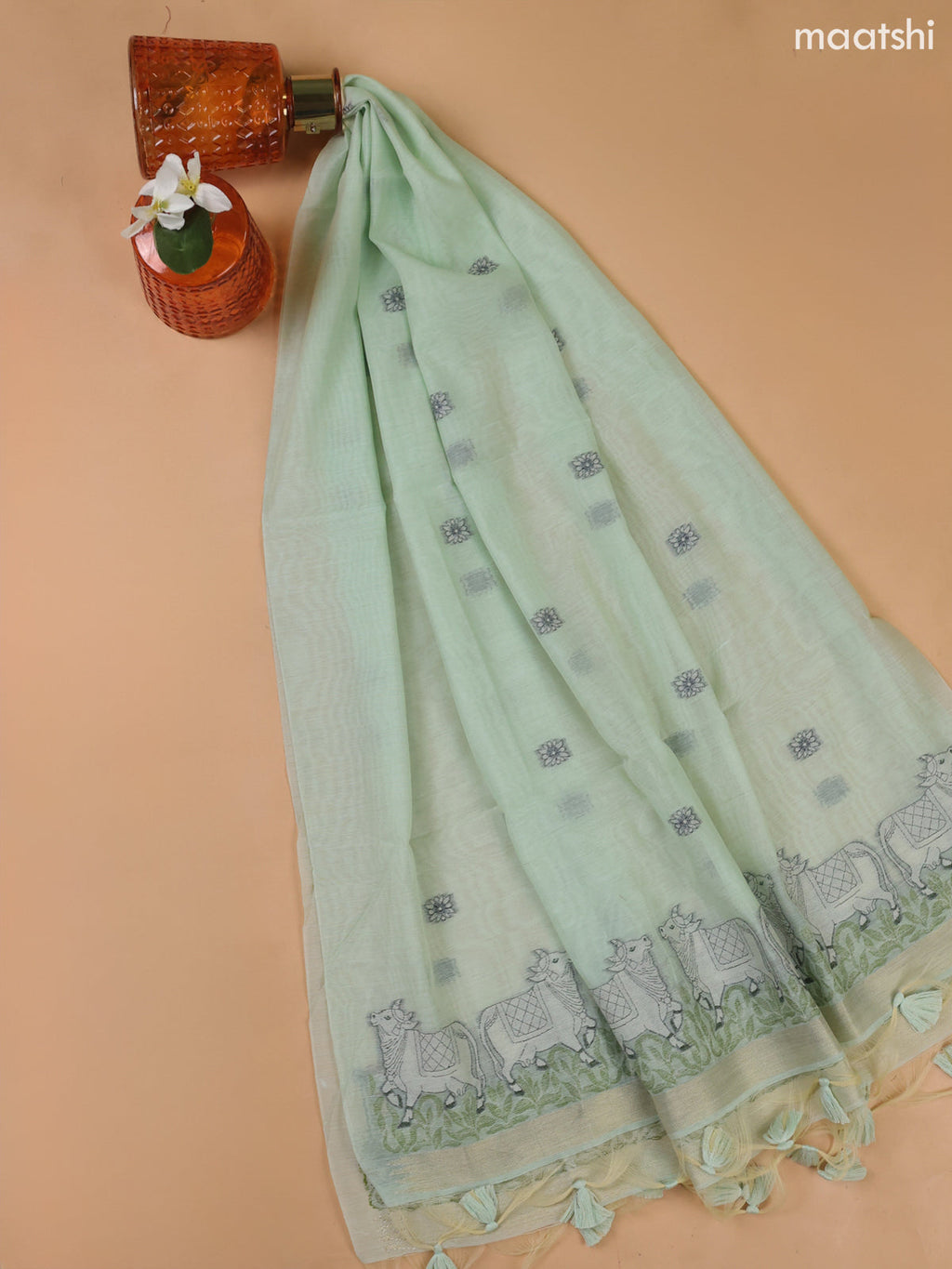 Teal Green Munga Cotton Dress Material With Threa Pichwai Weaves
