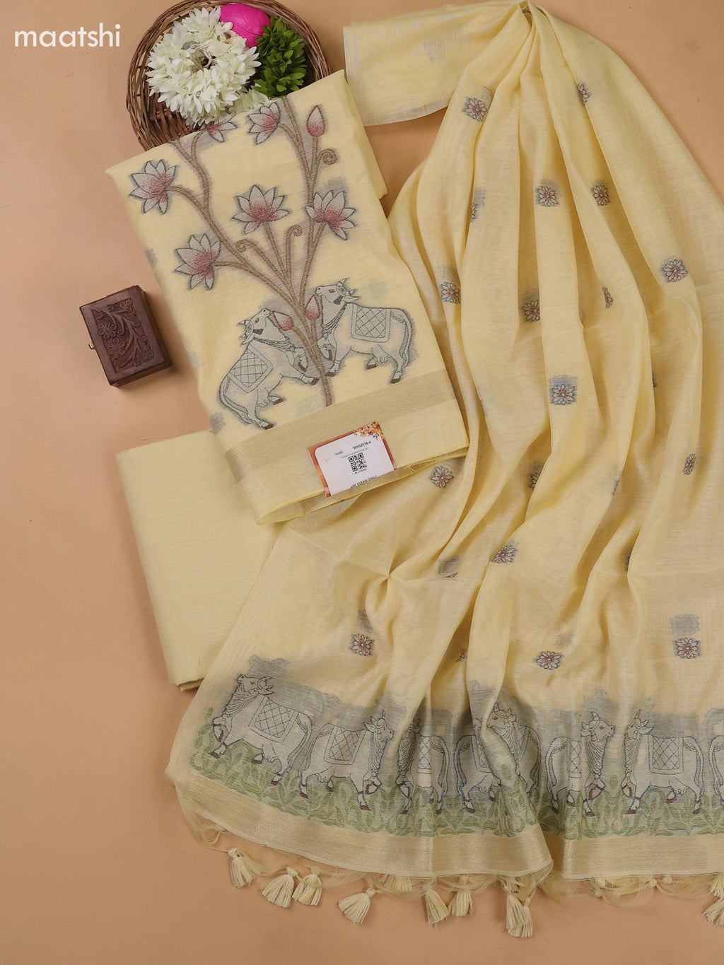 Pale Yellow Munga Cotton Dress Material With Threa Pichwai Weaves