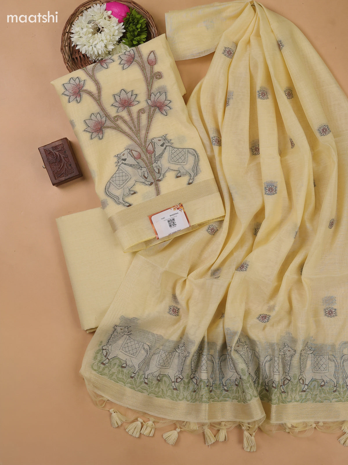 Pale Yellow Munga Cotton Dress Material With Threa Pichwai Weaves