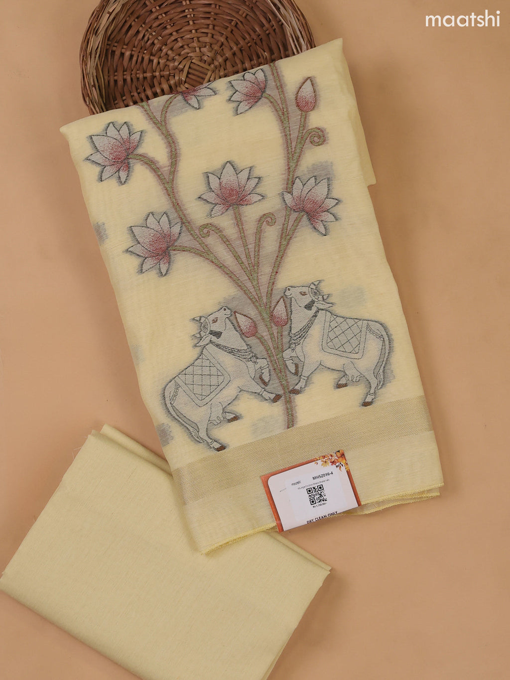 Pale Yellow Munga Cotton Dress Material With Threa Pichwai Weaves