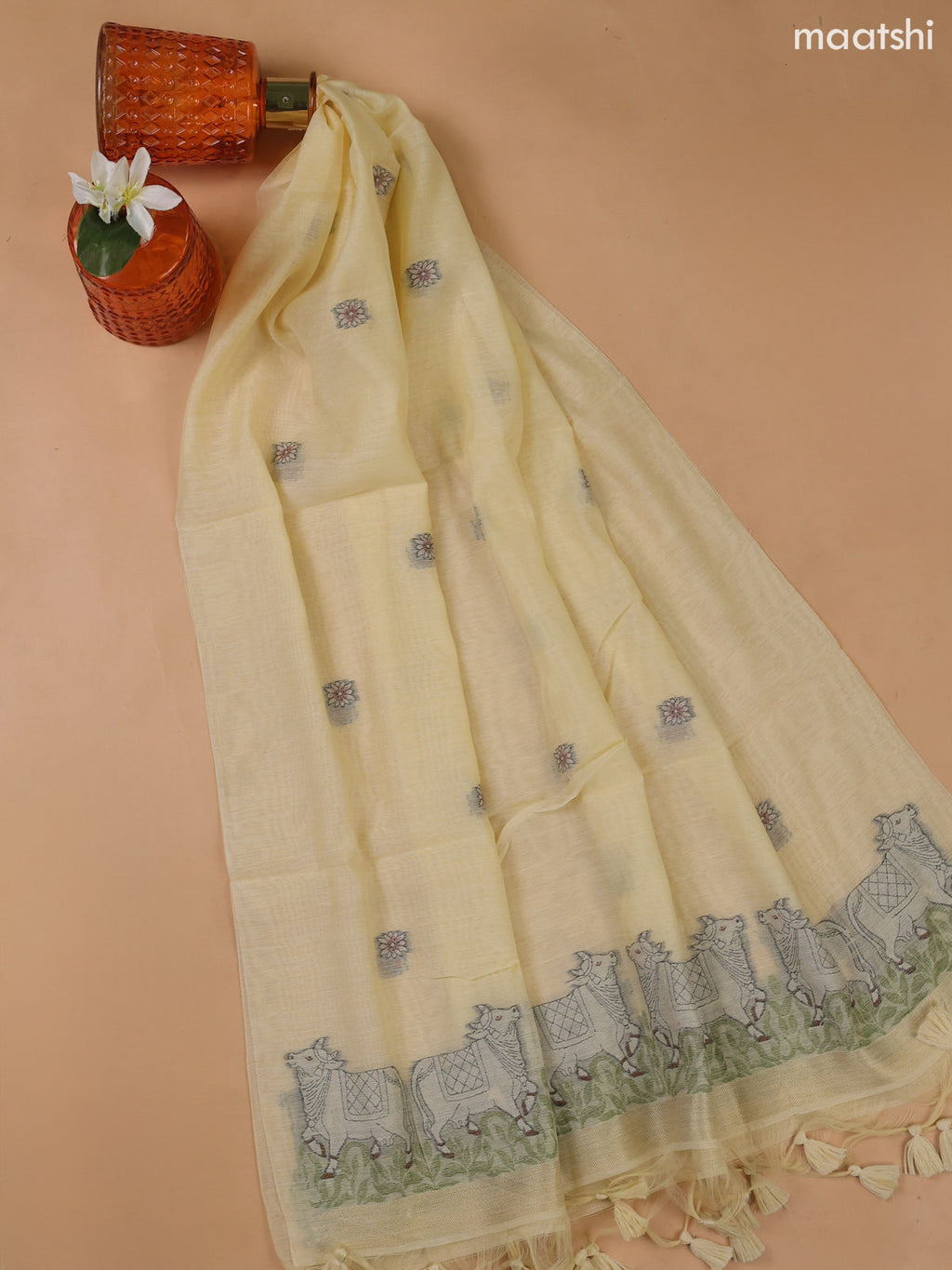 Pale Yellow Munga Cotton Dress Material With Threa Pichwai Weaves