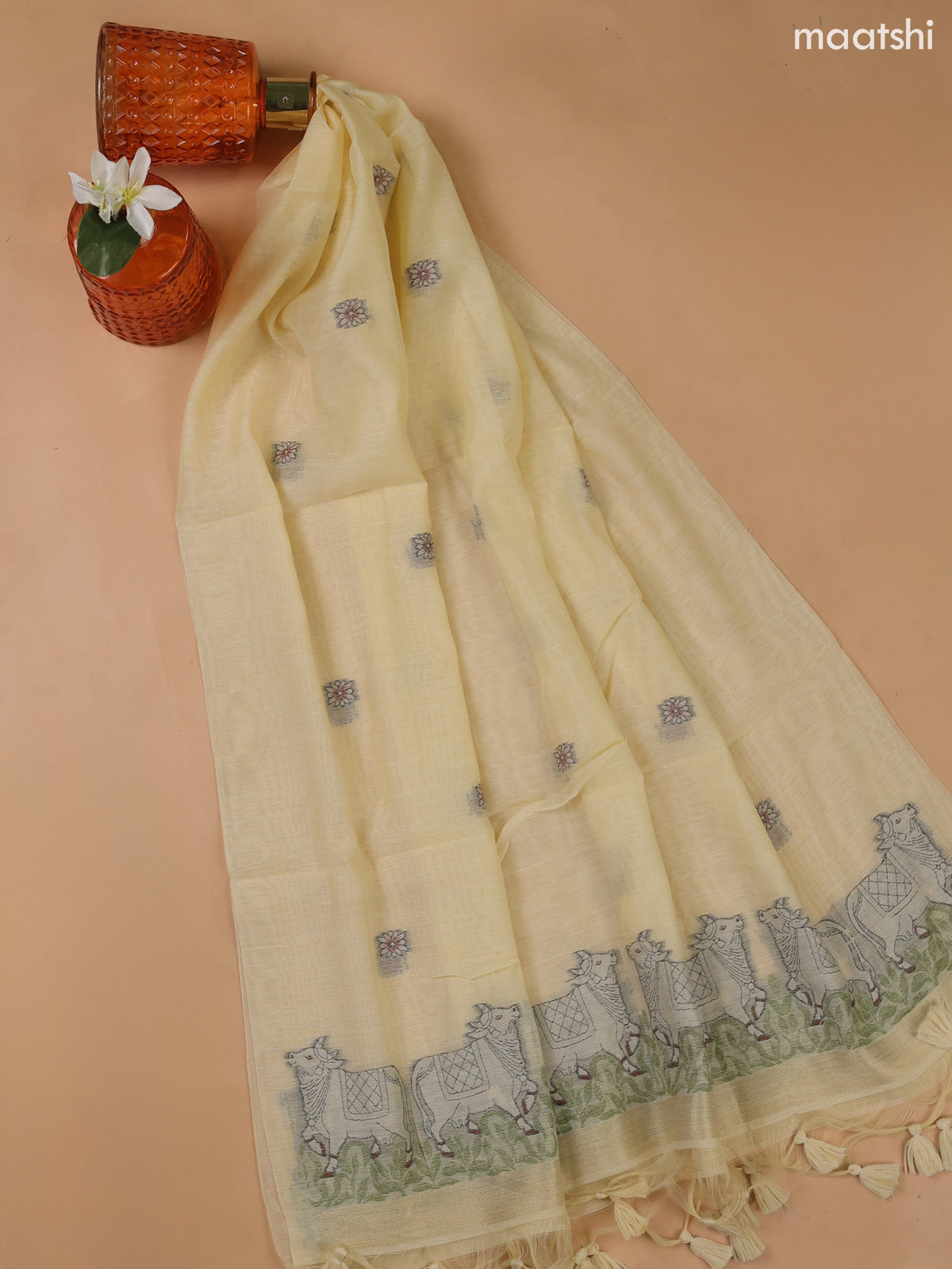 Pale Yellow Munga Cotton Dress Material With Threa Pichwai Weaves