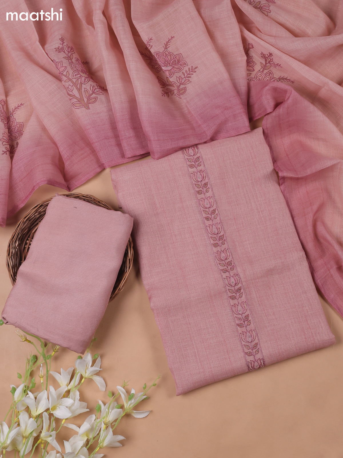 Peach Pink Linen Cotton Dress Material With Embroidery Work Pattern