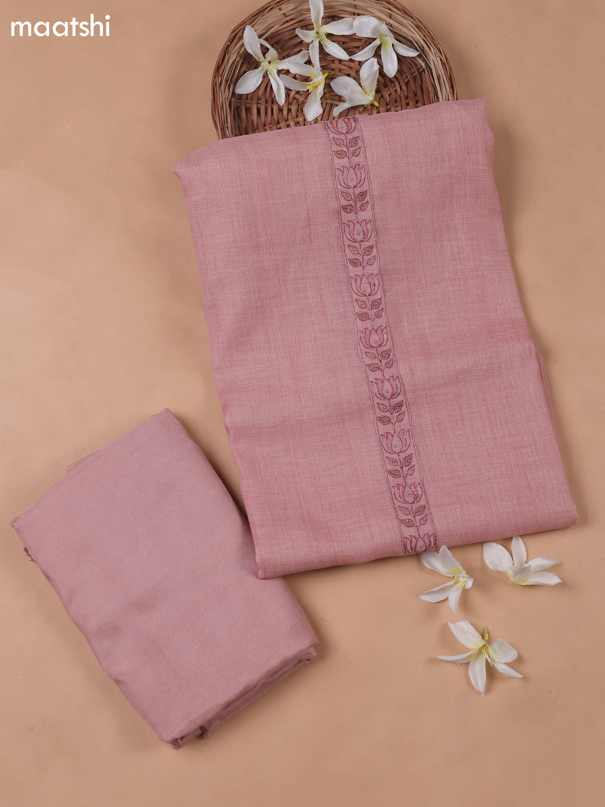 Peach Pink Linen Cotton Dress Material With Embroidery Work Pattern