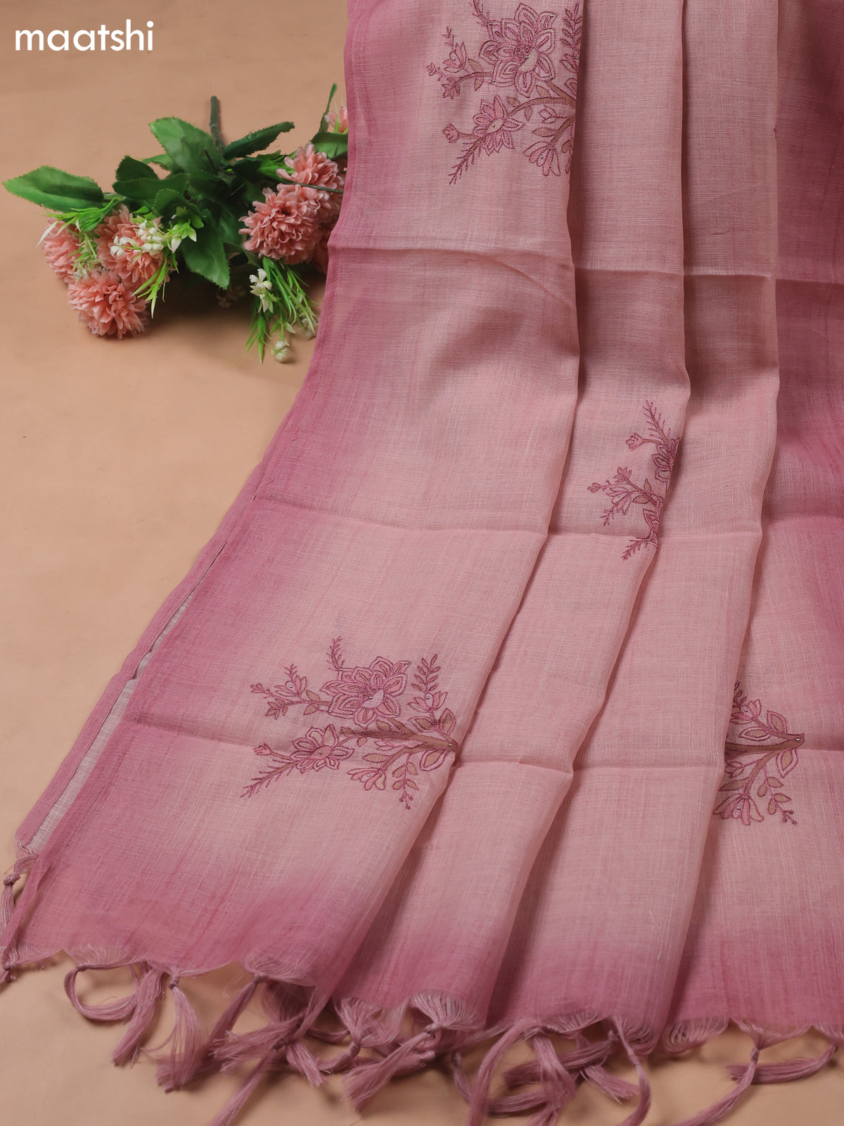 Peach Pink Linen Cotton Dress Material With Embroidery Work Pattern
