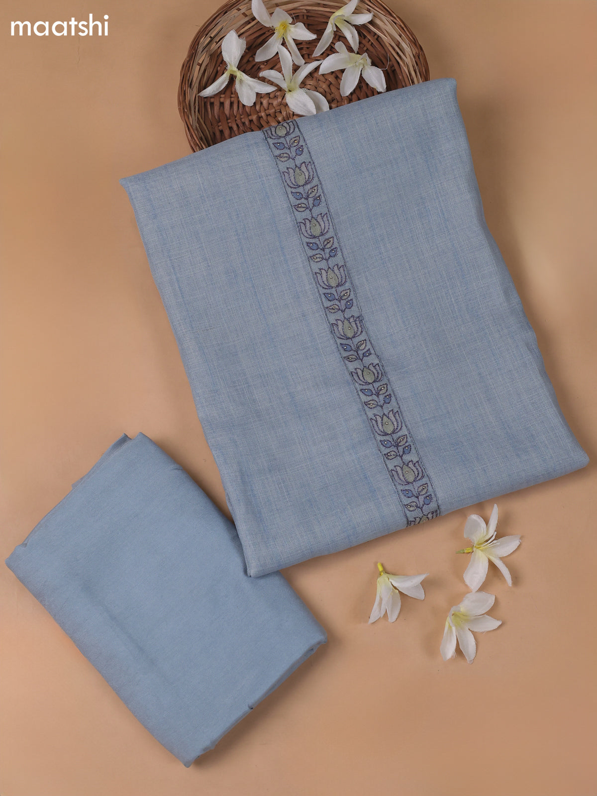 Pastel Green Linen Cotton Dress Material With Embroidery Work Pattern