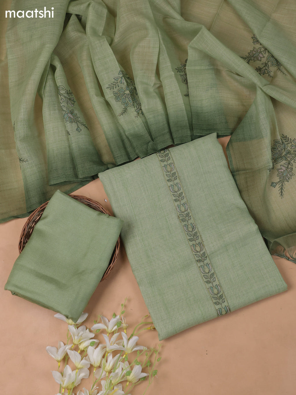Green Linen Cotton Dress Material With Embroidery Work Pattern