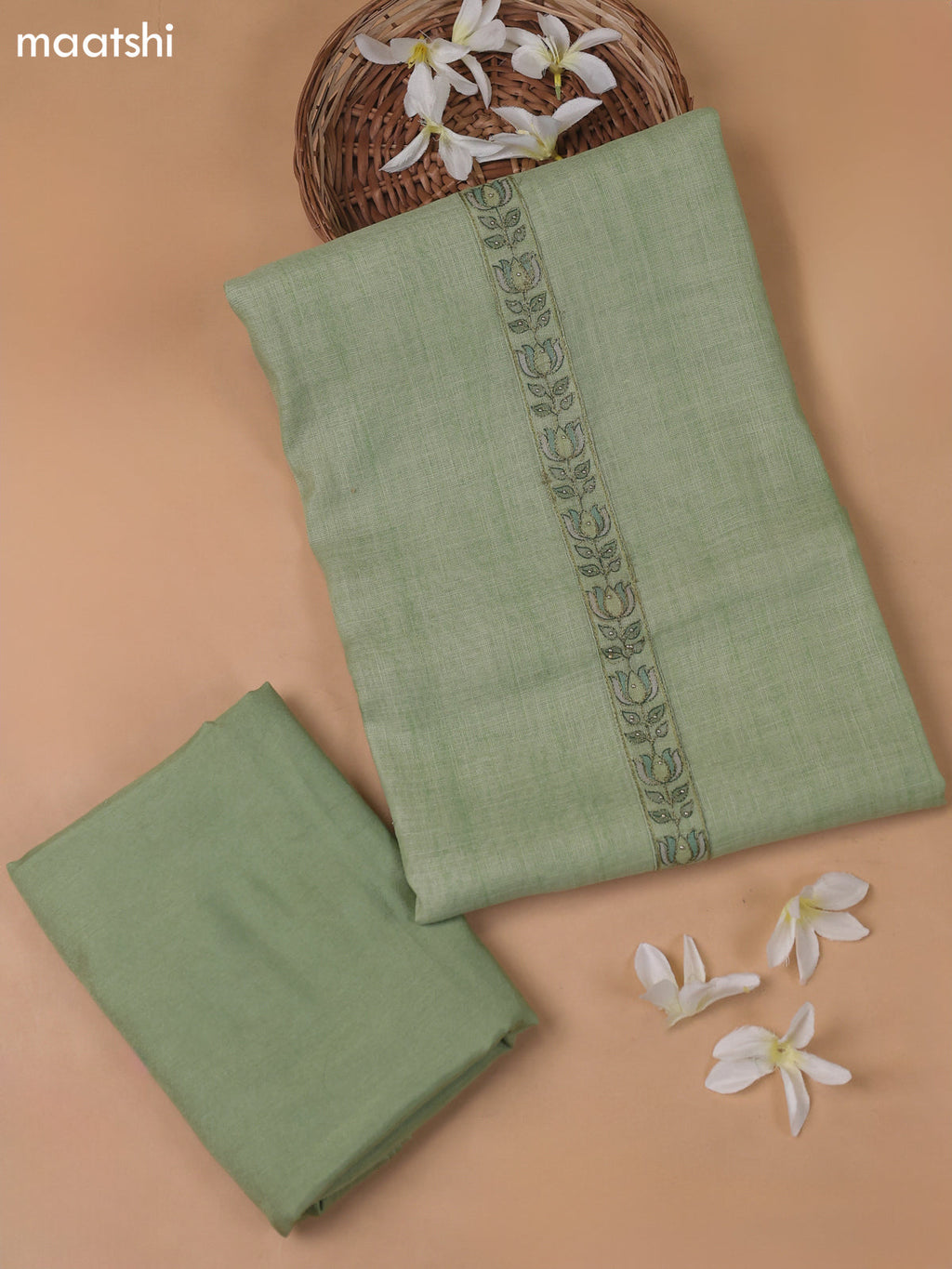 Green Linen Cotton Dress Material With Embroidery Work Pattern