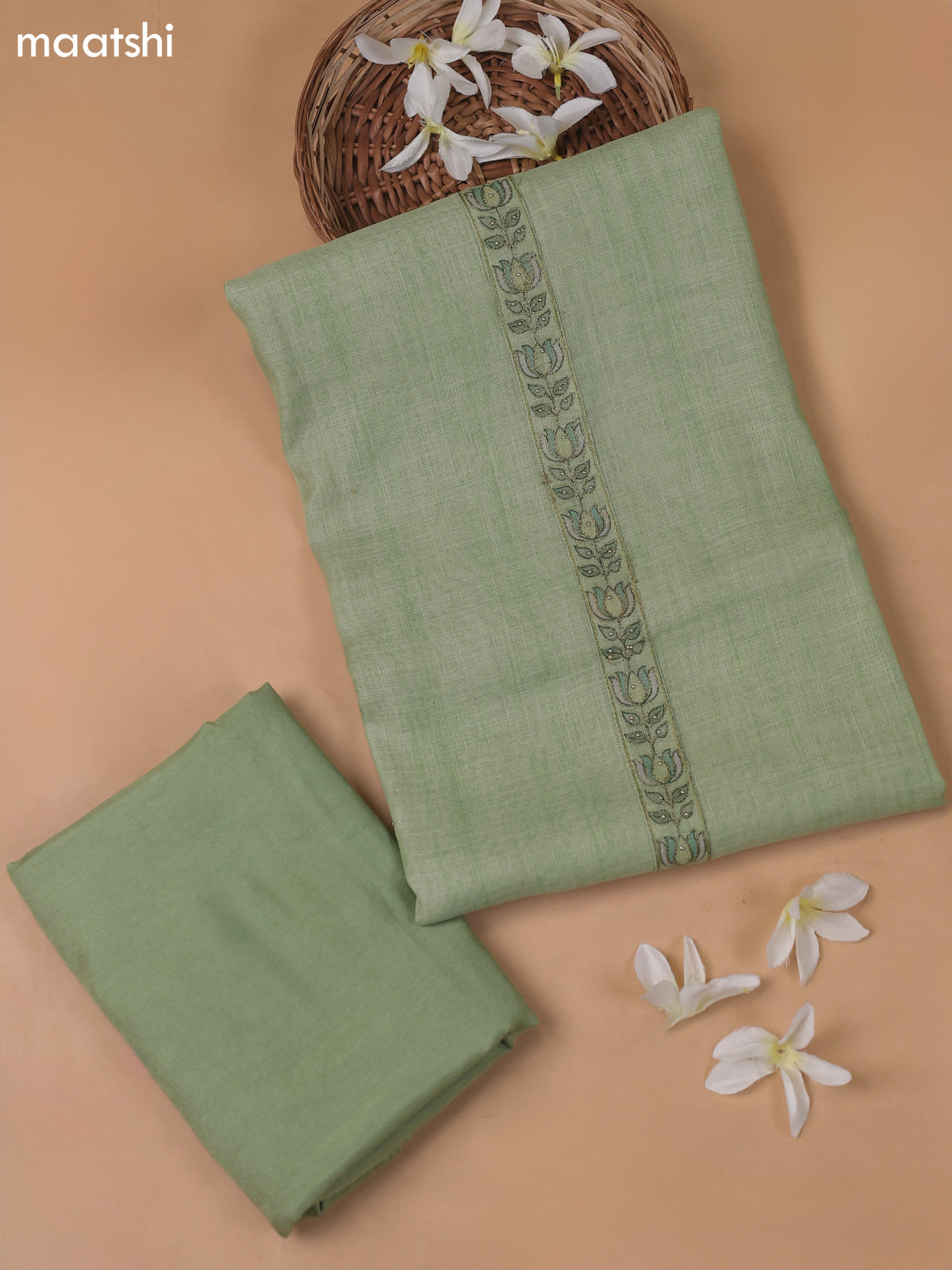 Green Linen Cotton Dress Material With Embroidery Work Pattern
