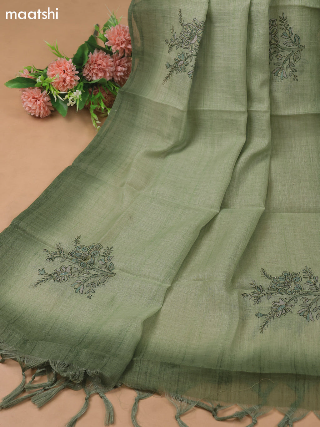 Green Linen Cotton Dress Material With Embroidery Work Pattern