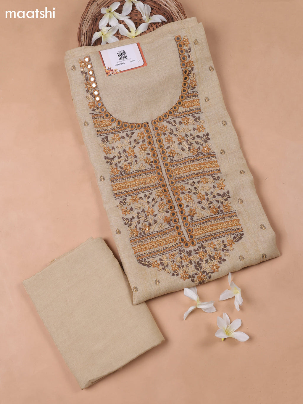 Sandal Linen Cotton Dress Material With Embroidery Work Neck Pattern