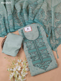 Teal Shade Linen Cotton Dress Material With Embroidery Work Neck Pattern