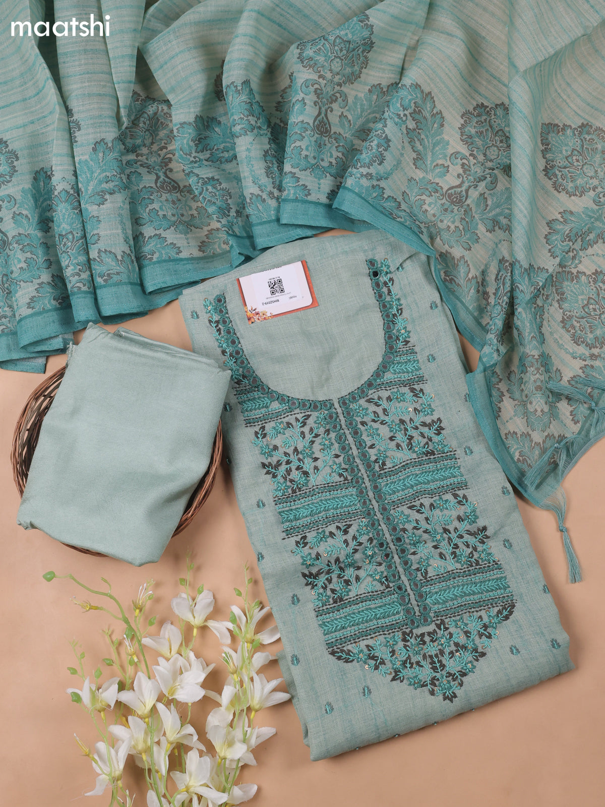 Teal Shade Linen Cotton Dress Material With Embroidery Work Neck Pattern