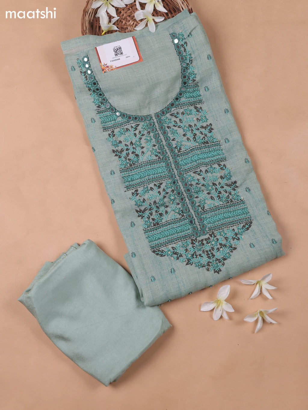 Teal Shade Linen Cotton Dress Material With Embroidery Work Neck Pattern