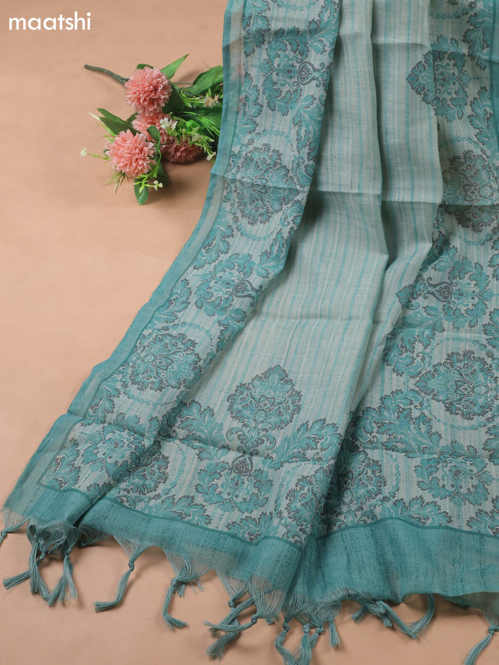 Teal Shade Linen Cotton Dress Material With Embroidery Work Neck Pattern